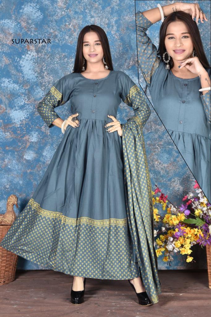 Ss Kurtis Super Star Shine Heavy Art Festive Wear Fancy Designer Printed Rayon Anarkali Kurtis With Dupatta Collection